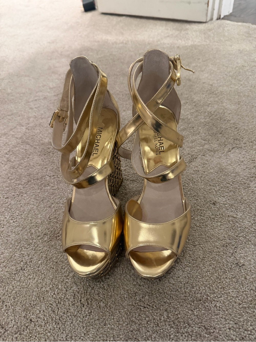 Michael Kors Gold Metallic Wedge Sandals - Women's